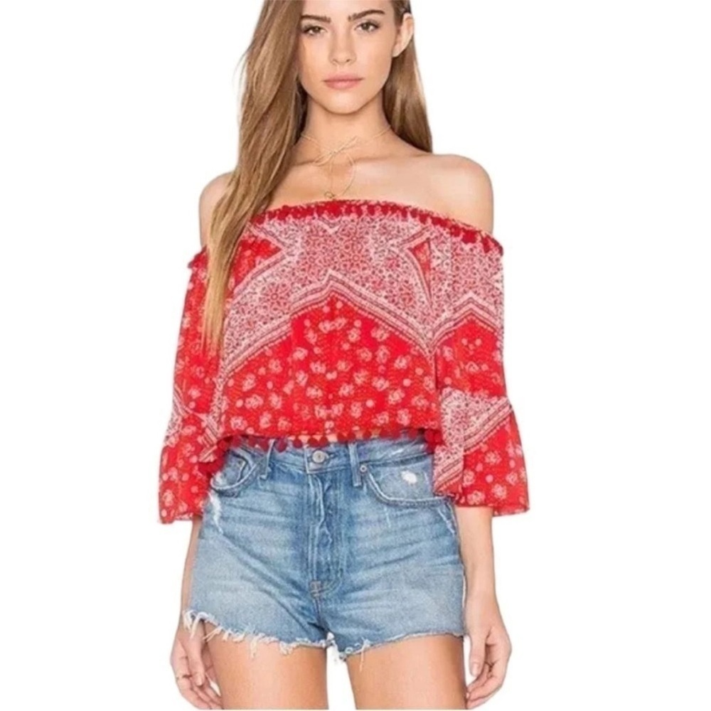 Tularosa Alexa Off The Shoulder Top Cherry Red Bandana Print Pom Poms Sz Medium